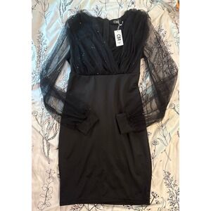 NEW CBR Black Sparkle Tulle Long Sleeve Party Cocktail Bodycon Dress, M